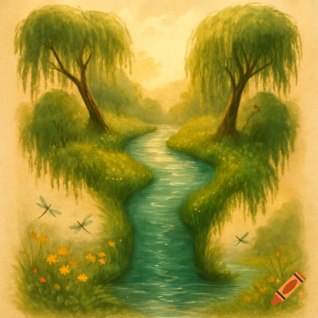 A tranquil river forms a 'Y' shape, flowing between two large weeping willow trees in a lush, painterly landscape with dragonflies.