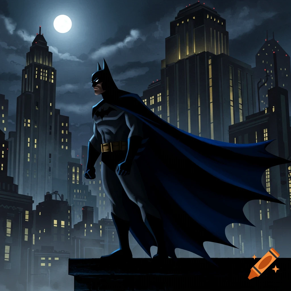 Batman stands on a Gotham City rooftop at night, cape flowing, with a full moon and tall buildings in the background. Animated style.