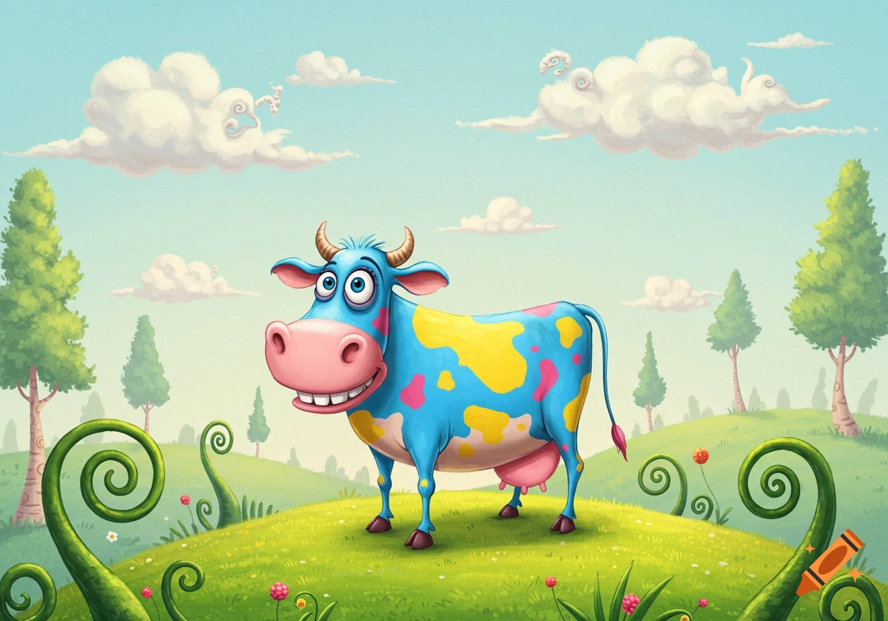 A whimsical, blue cartoon cow with yellow and pink spots smiles in a grassy field with curly plants under a blue sky.