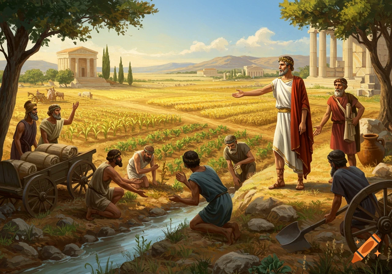 An ancient Greek leader distributes land to farmers in a sunlit field with temples and mountains in the background, in a classical art style.