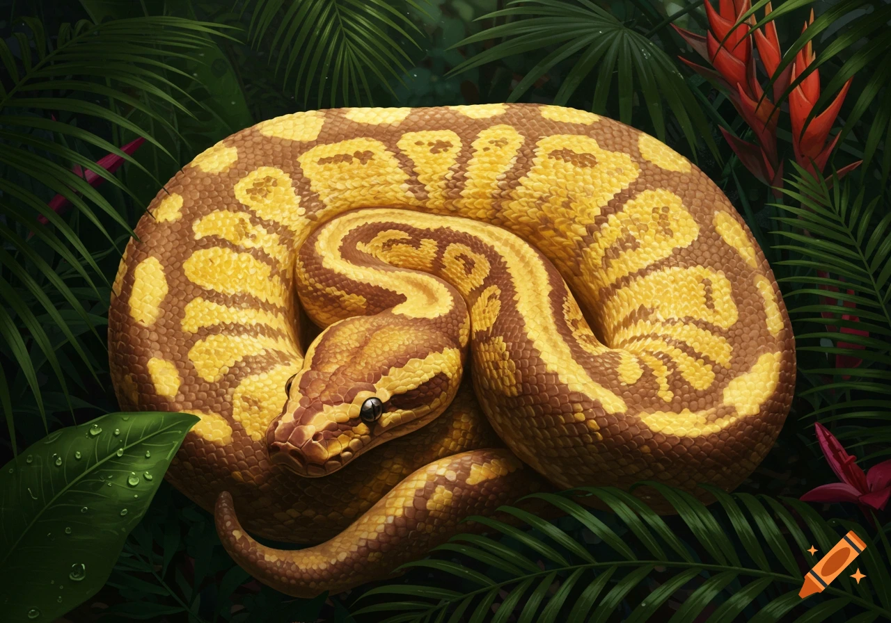 A coiled banana ball python with yellow and brown patterns rests among lush green jungle leaves and red flowers.