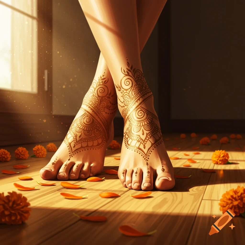Person's feet with elaborate henna designs, crossed, standing on a sunlit wooden floor scattered with orange flower petals.