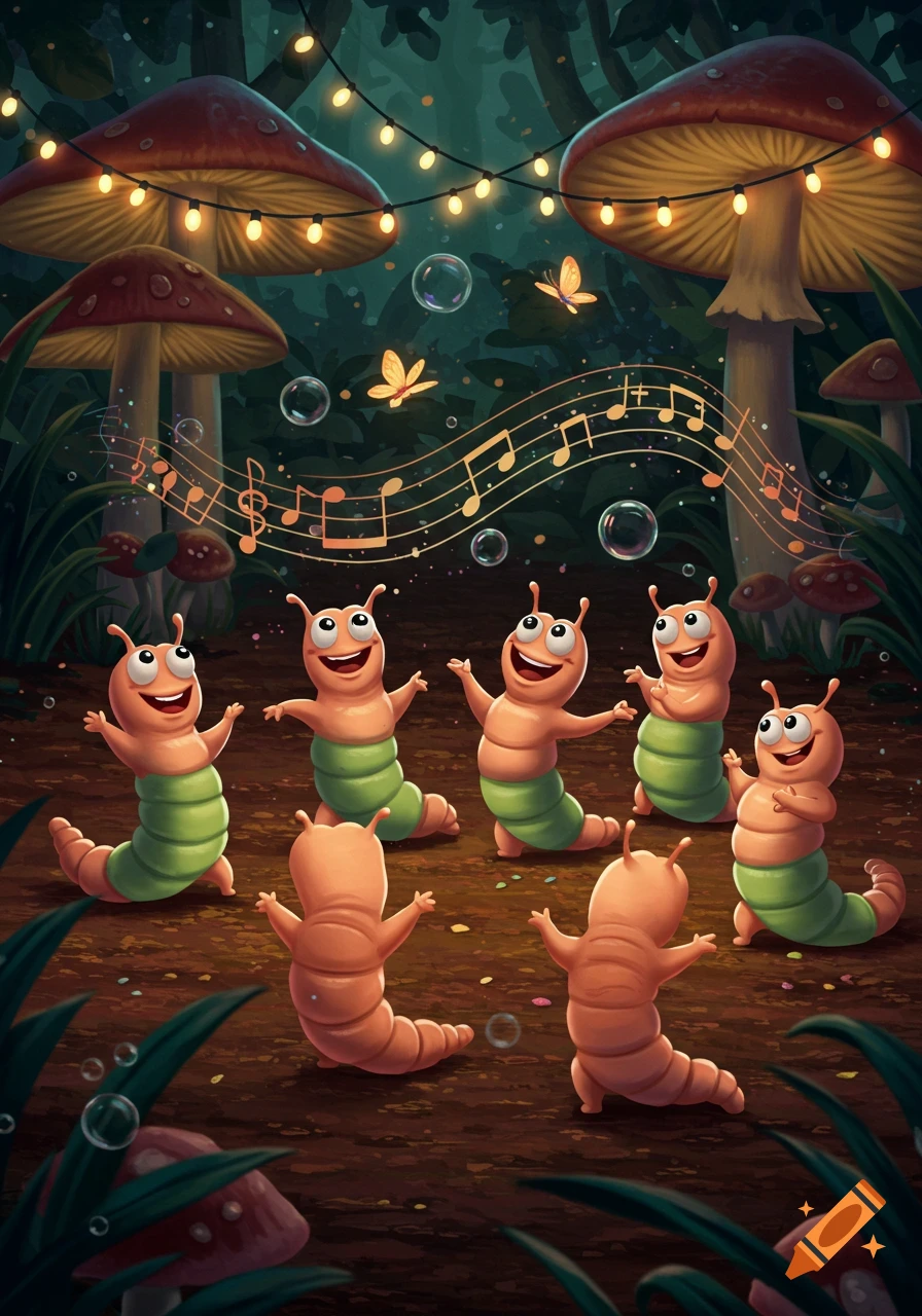 Seven happy cartoon worms dance in an enchanted forest with glowing mushrooms, fairy lights, and musical notes.