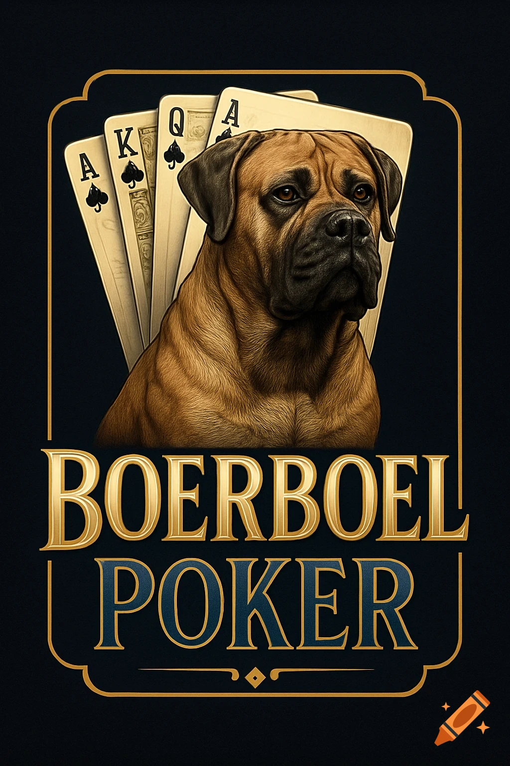 A Boerboel dog's head in a golden-bordered logo with poker cards (Ace, King, Queen, Ace of Spades) behind it, and the words 'BOERBOEL POKER' below in gold and blue serif fonts.