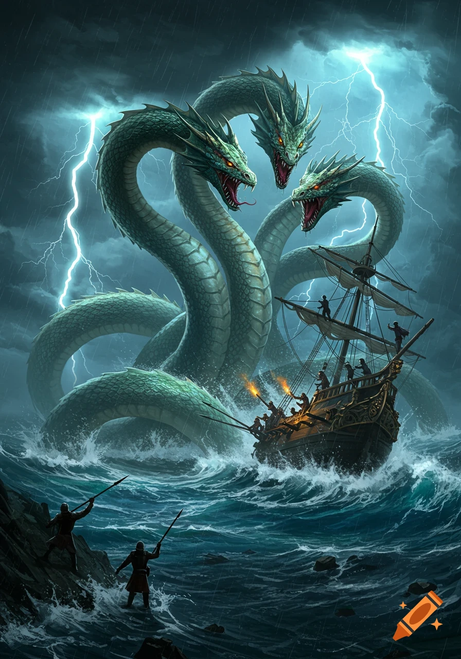 A massive three-headed hydra attacks a sailing ship in a stormy sea, with lightning striking and two figures watching from a rocky shore.