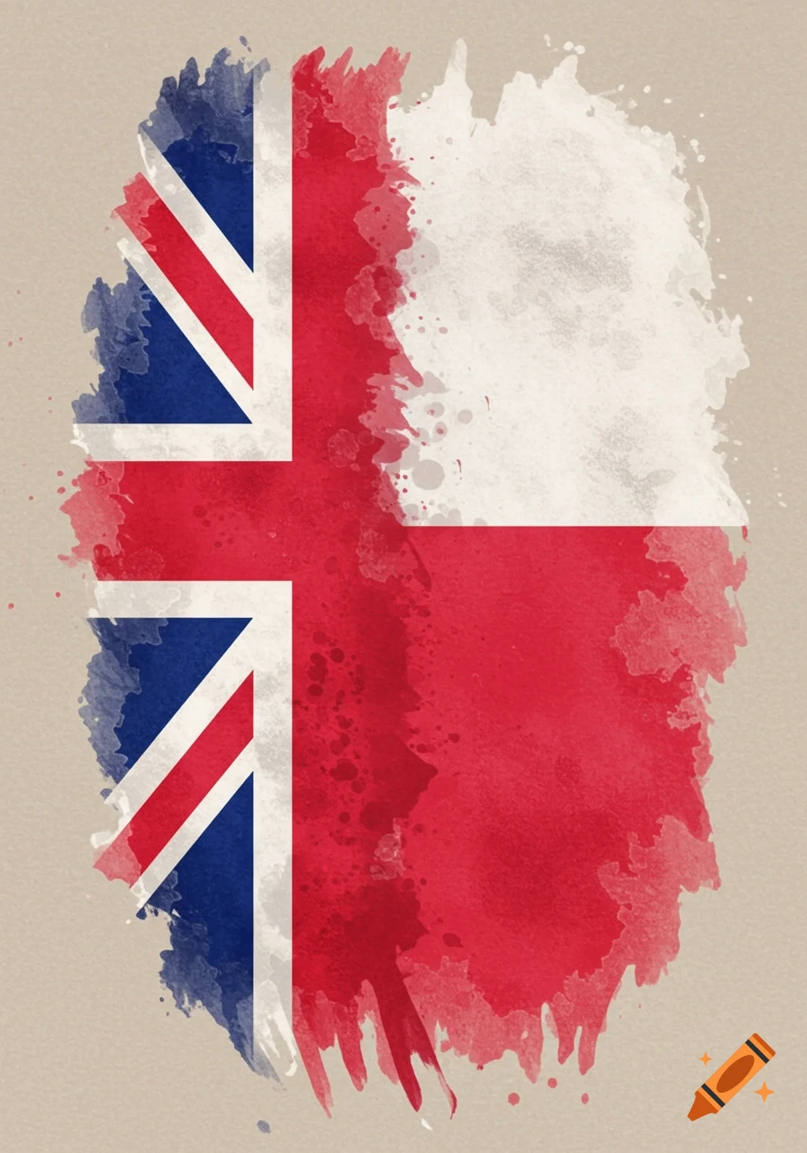 Watercolor illustration blending the British and Polish flags with colors bleeding together.