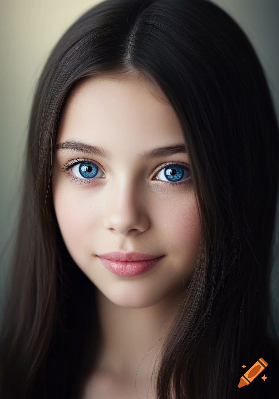 A photorealistic portrait of a young girl with long dark hair and striking blue eyes.