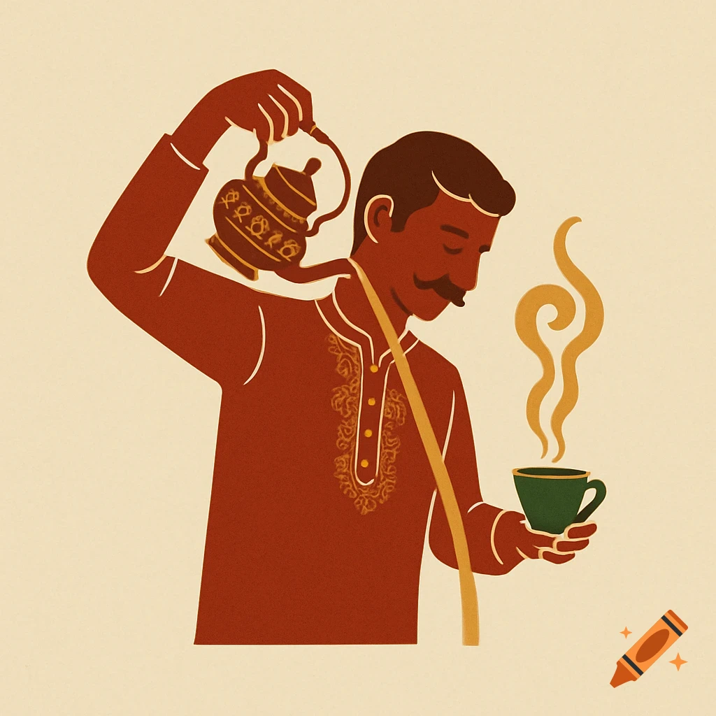 Stylized illustration of an Indian man with a mustache pouring chai from a decorative teapot into a steaming cup.