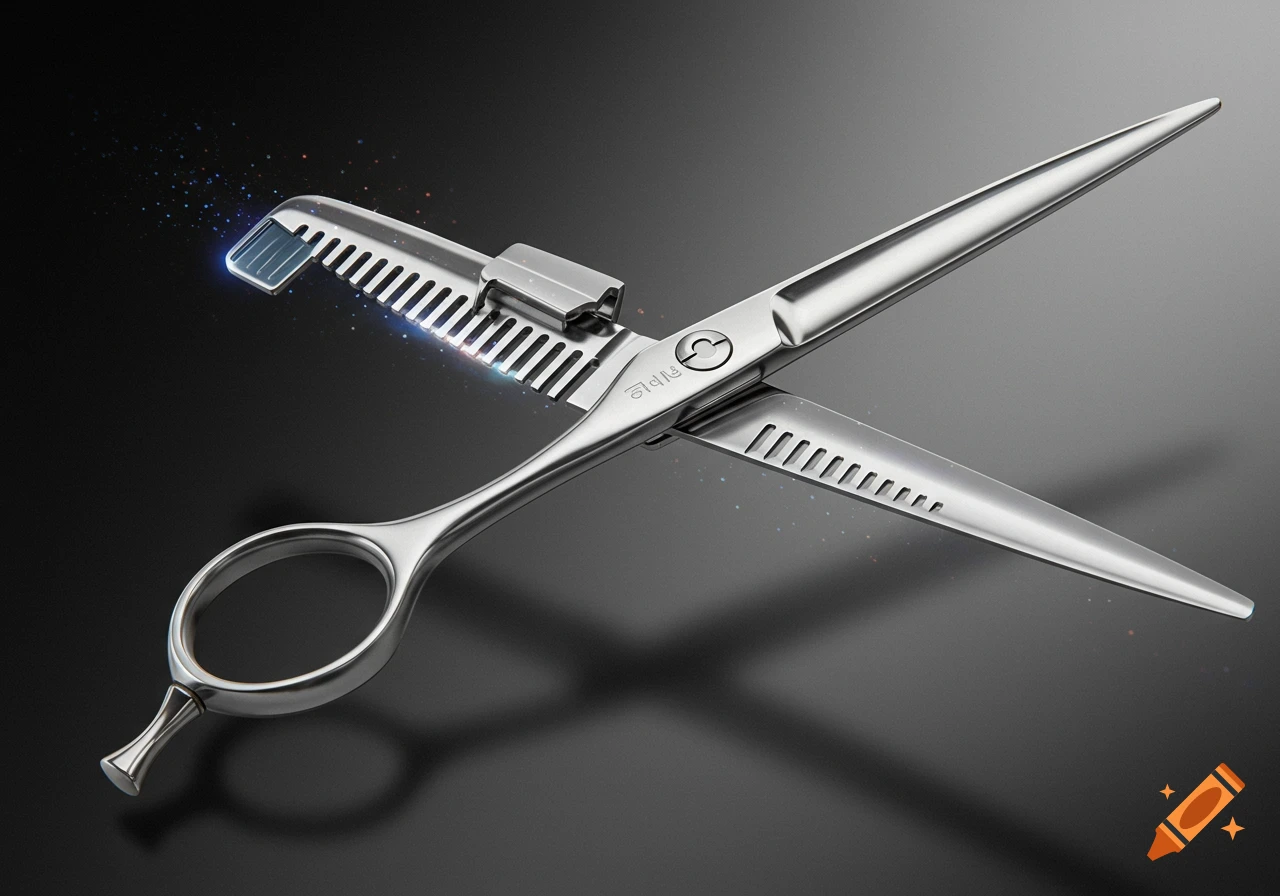 A photorealistic close-up of shiny silver hair cutting shears with a comb-like replaceable blade attachment, on a dark background.