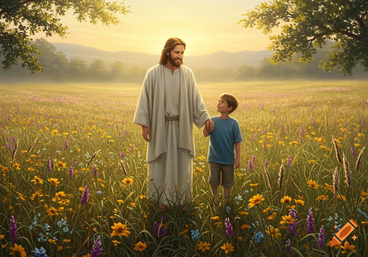 Jesus holding hands with a young boy, walking through a vibrant field of wildflowers at sunrise in a painted style.