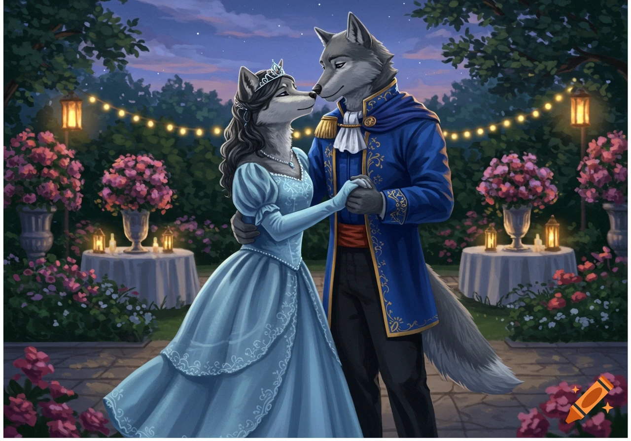 An anthropomorphic wolf princess in a blue gown and a wolf prince in a blue suit dance in an enchanted garden at night.