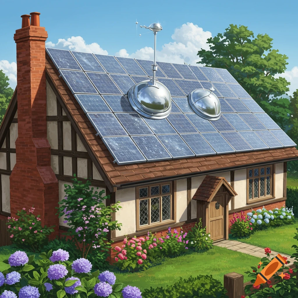 An illustrated British 1930s house with a comically large solar panel array on its roof, surrounded by a lush garden under a blue sky.
