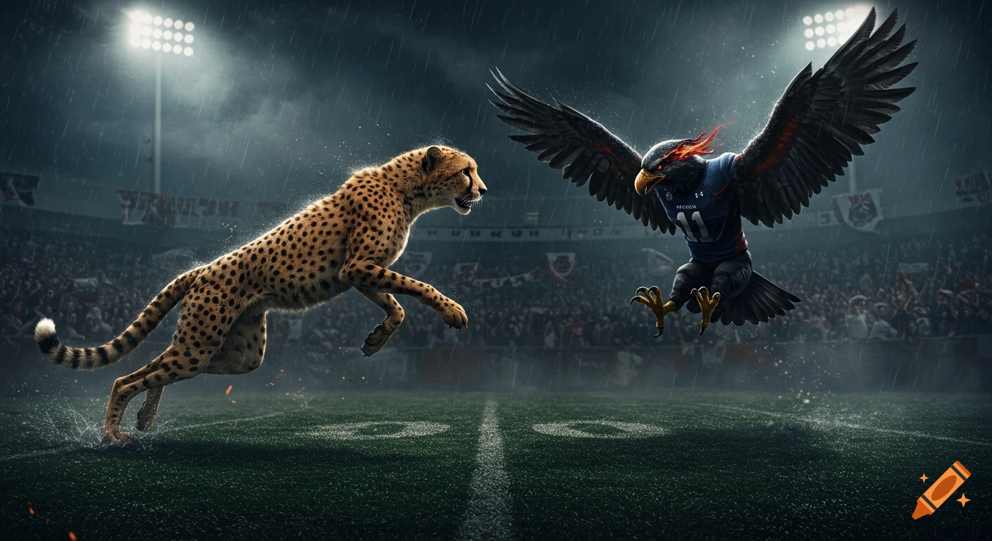 A cheetah and an eagle in a blue jersey with '11' face off on a rainy football field at night, stadium lights shining.
