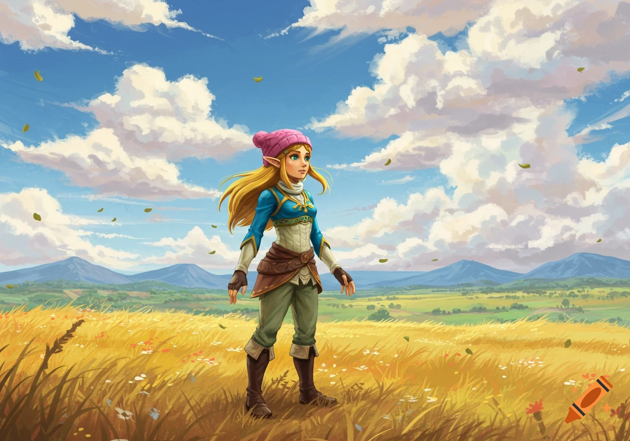 Princess Zelda in a pink beanie stands in a golden field under a bright blue sky, with mountains in the background. Illustrated style.