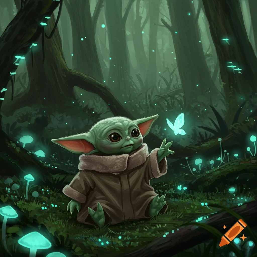 Baby Yoda sits on a forest floor with glowing mushrooms, reaching for a glowing butterfly in an enchanted, dark green forest.