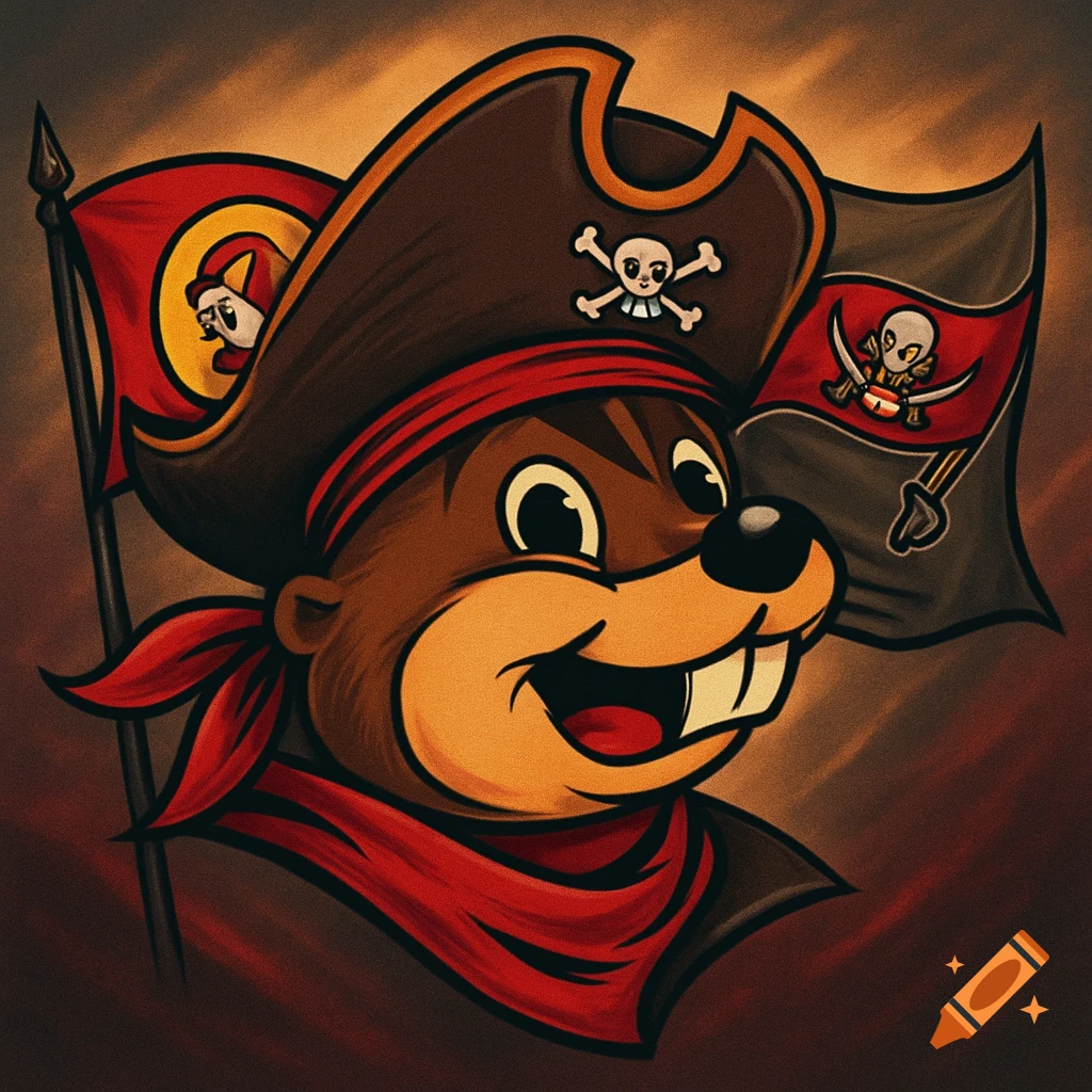 A cheerful cartoon beaver pirate mascot with buck teeth, wearing a tricorn hat and red bandana, flanked by pirate flags.