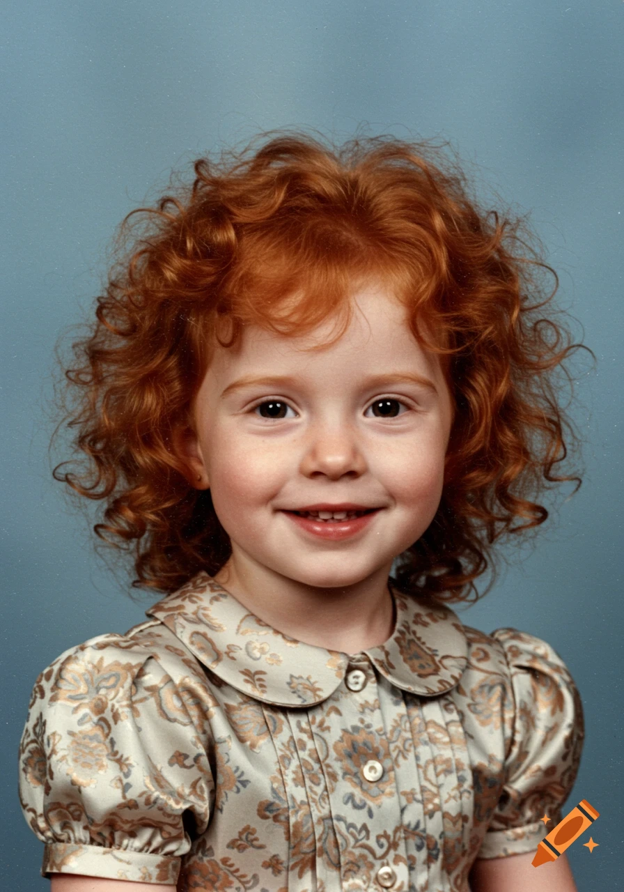 Photorealistic portrait of a smiling young redhead girl with curly hair in a patterned dress against a blue background.