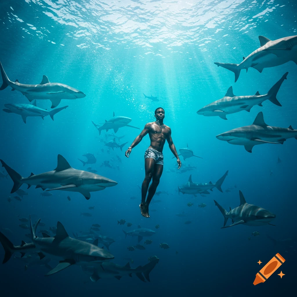 A photorealistic image of a Black man floating serenely underwater, surrounded by numerous sharks and rays of sunlight.