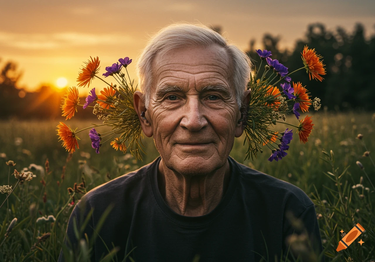 Photorealistic portrait of an old man with orange and purple flowers growing out of his ears, in a grassy field at sunset.