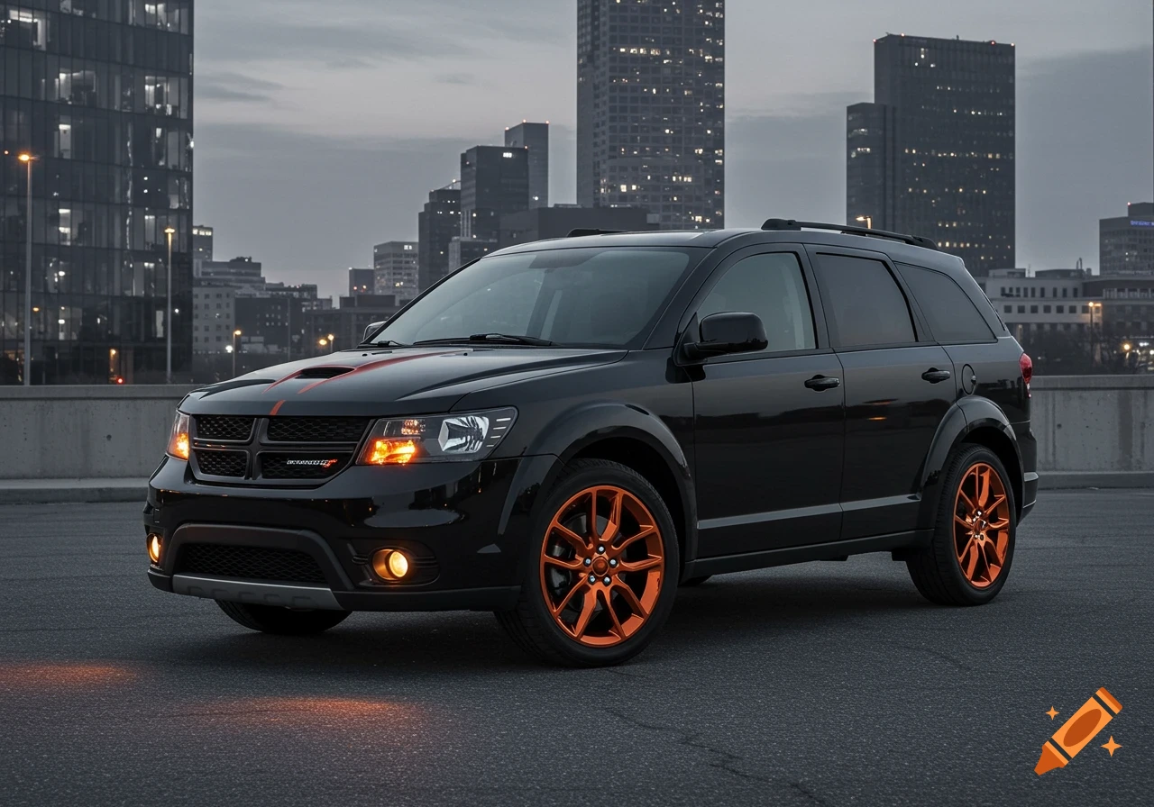 A black Dodge Journey SUV with bright orange rims and subtle red stripes on the hood, parked on asphalt with city buildings in the background at dusk.