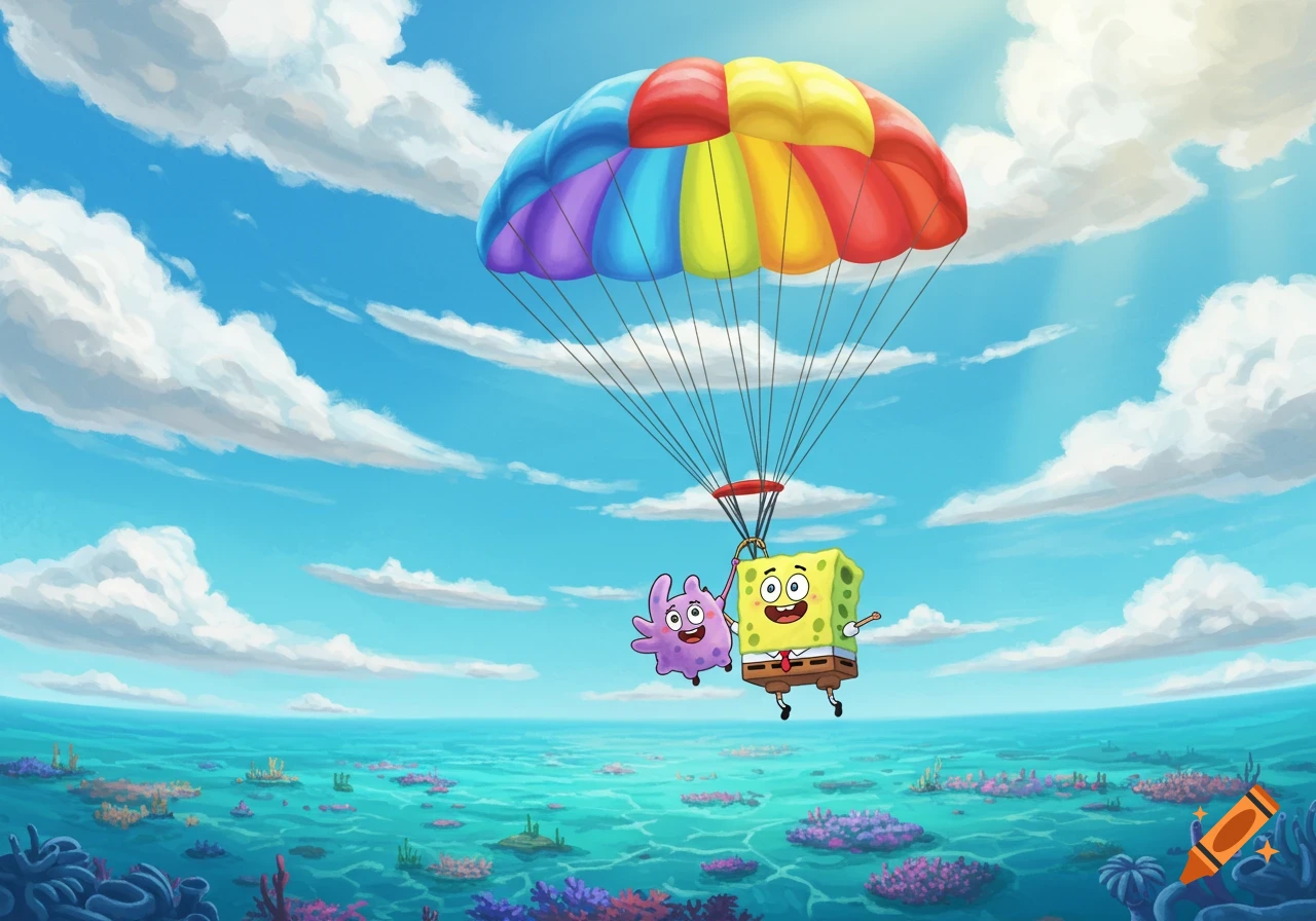 Spongebob Squarepants and a purple creature parachute under a rainbow canopy over a colorful coral reef ocean.
