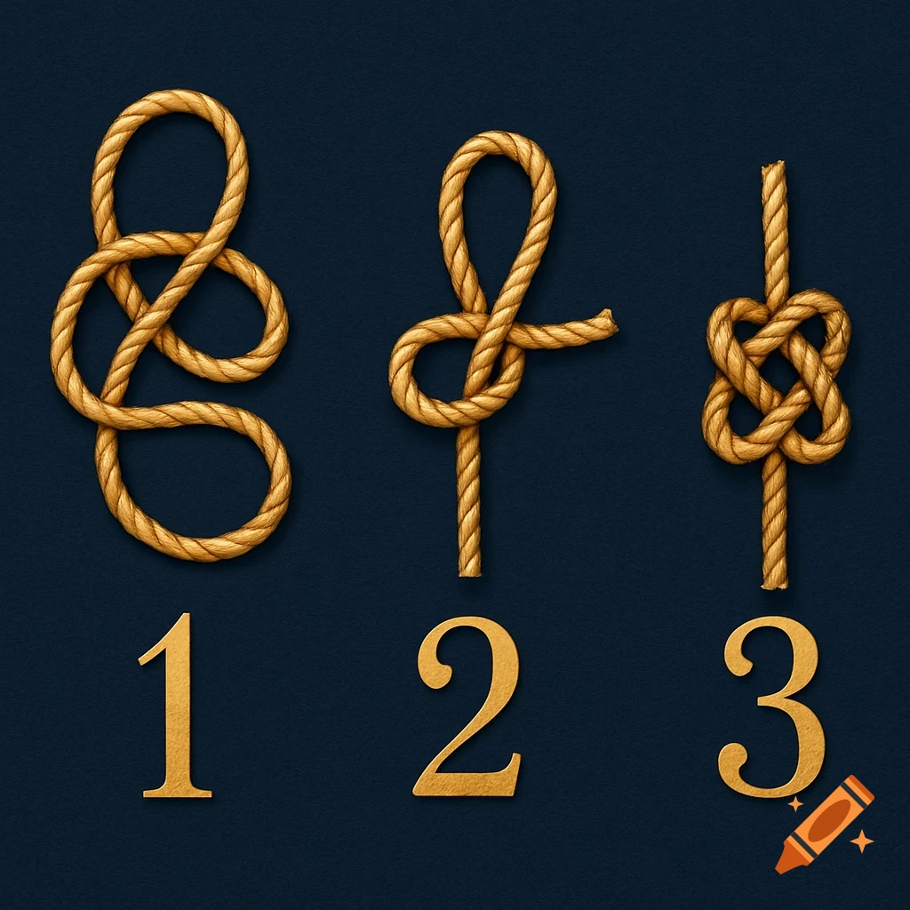 Three golden rope knots, labeled 1, 2, and 3, against a dark blue background, illustrating knot-tying steps.