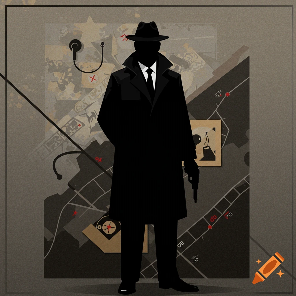 Stylized silhouette of a spy in a trench coat and fedora holding a gun, against a backdrop of maps.