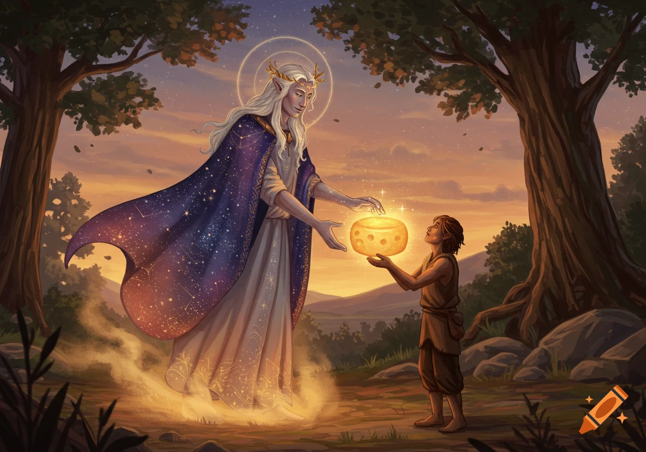 A majestic elf-like god in a star-patterned cape gives a glowing cheese to a young village boy in a forest at sunset, digital painting.