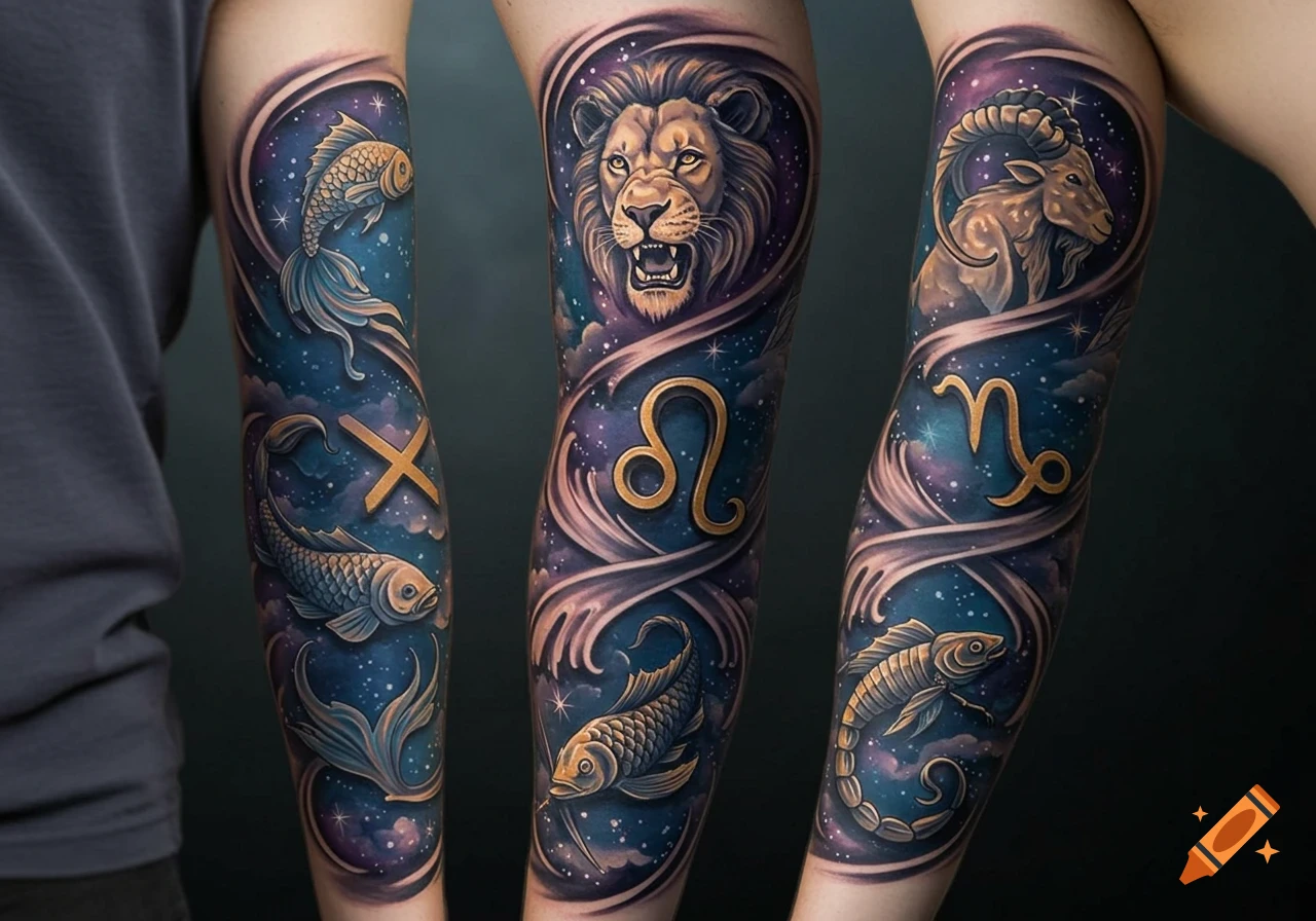 Three full sleeve tattoos depict various zodiac signs: Pisces fish and symbol, a roaring Leo lion head and symbol, and a Capricorn goat head with its symbol, all against a cosmic background with stars.