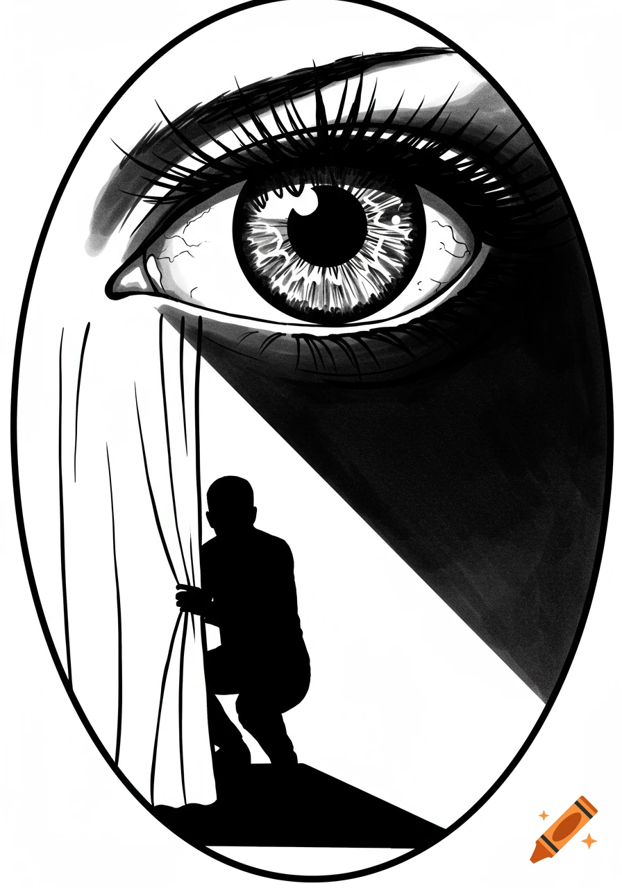 Black and white illustration of a large eye looking down as a silhouetted figure peeks out from behind a white curtain.
