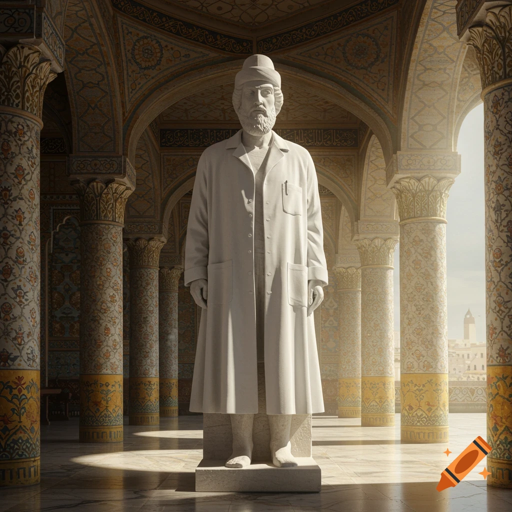 White marble statue of a bearded man in a doctor's coat in an ornate hall with Islamic architecture.