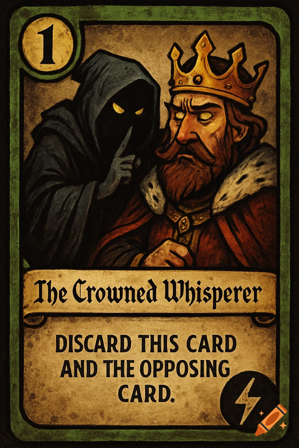 A dark fantasy CCG card depicting a shadowy figure whispering into the ear of a crowned king. The card has a green border, the number '1', and the title 'The Crowned Whisperer'. Card text says 'Discard this card and the opposing card' with a lightning bolt symbol.