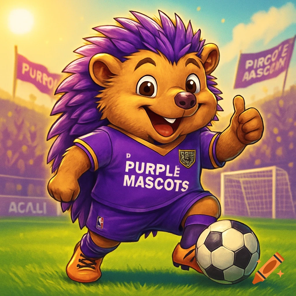 Cartoon purple hedgehog mascot in a soccer uniform kicking a ball on a green field in a stadium, giving a thumbs up.