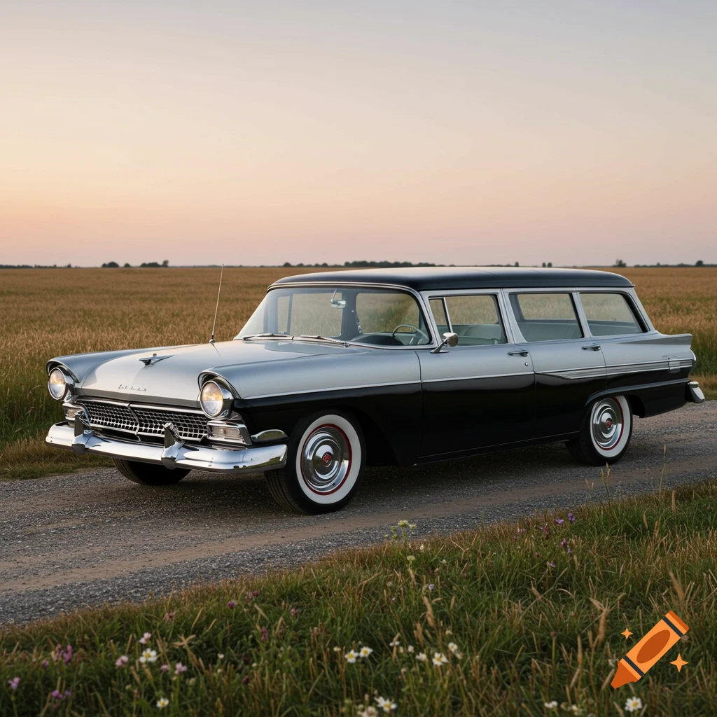 Photorealistic image of a silver and black 1957 Ford Del Rio Ranchwagon parked on a dirt road in a golden field at sunset.