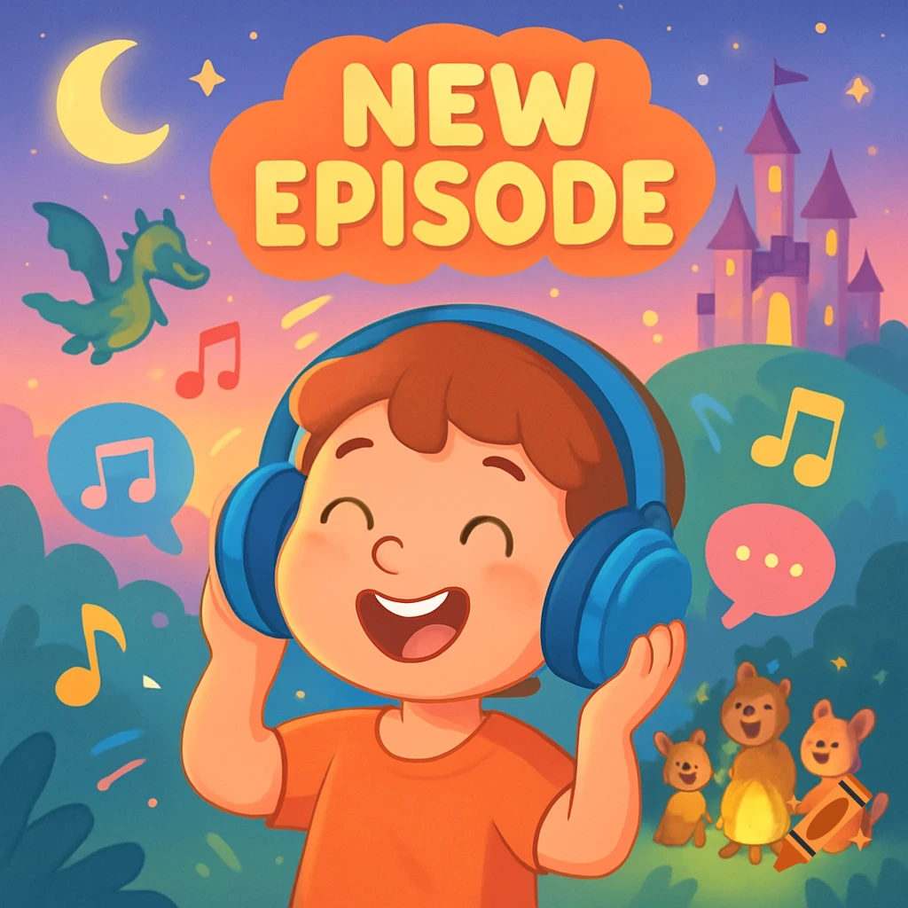 A happy cartoon child with headphones, surrounded by a dragon, castle, moon, and bears, with 'NEW EPISODE' in a cloud above.