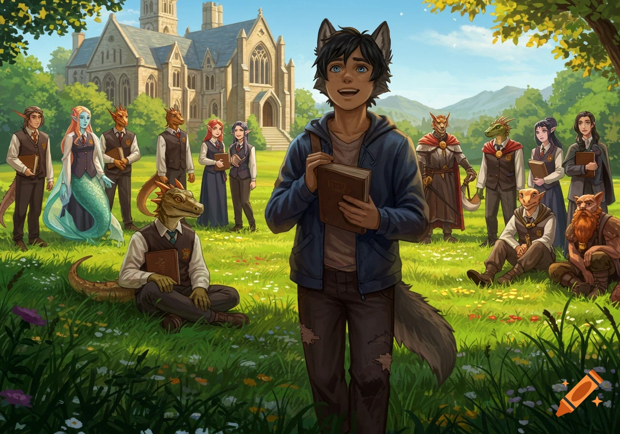 A happy, wolf-eared human teenager with a book stands in a grassy field with diverse fantasy students and a medieval school building in the background.