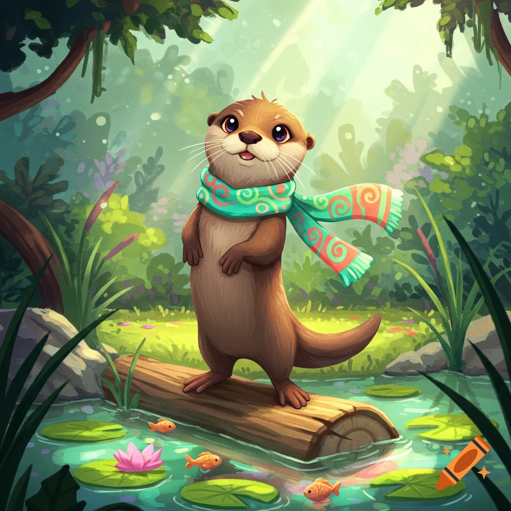 A cute, cartoon otter wearing a patterned scarf stands on a log in a forest pond with lily pads and fish.