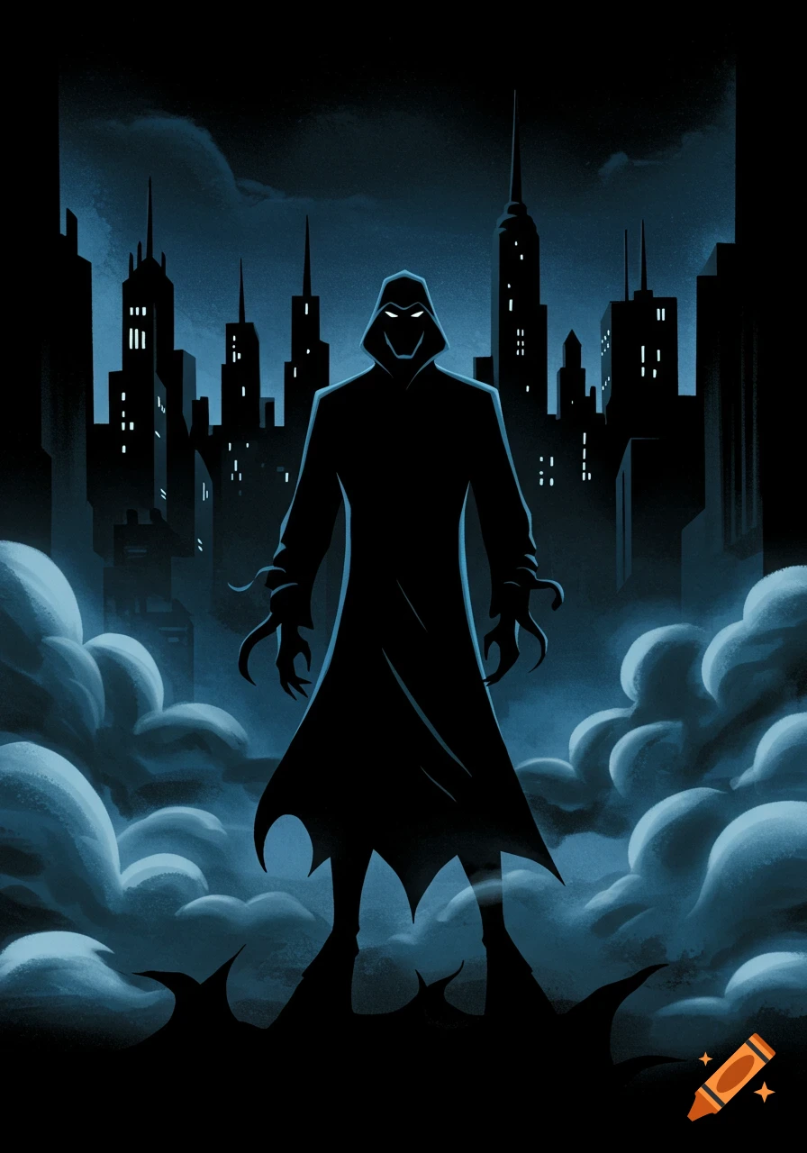 The Phantasm, a cloaked figure with glowing eyes and clawed hands, stands in mist before a dark Gotham city skyline at night, in an animated Bruce Timm style.
