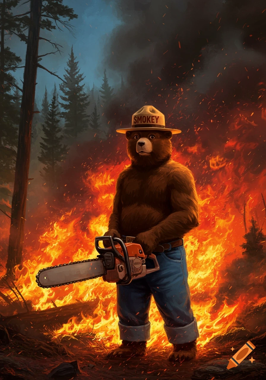 Smokey Bear, in a hat and jeans, holds a chainsaw in a raging forest fire, with smoke and trees in the background, digital art.