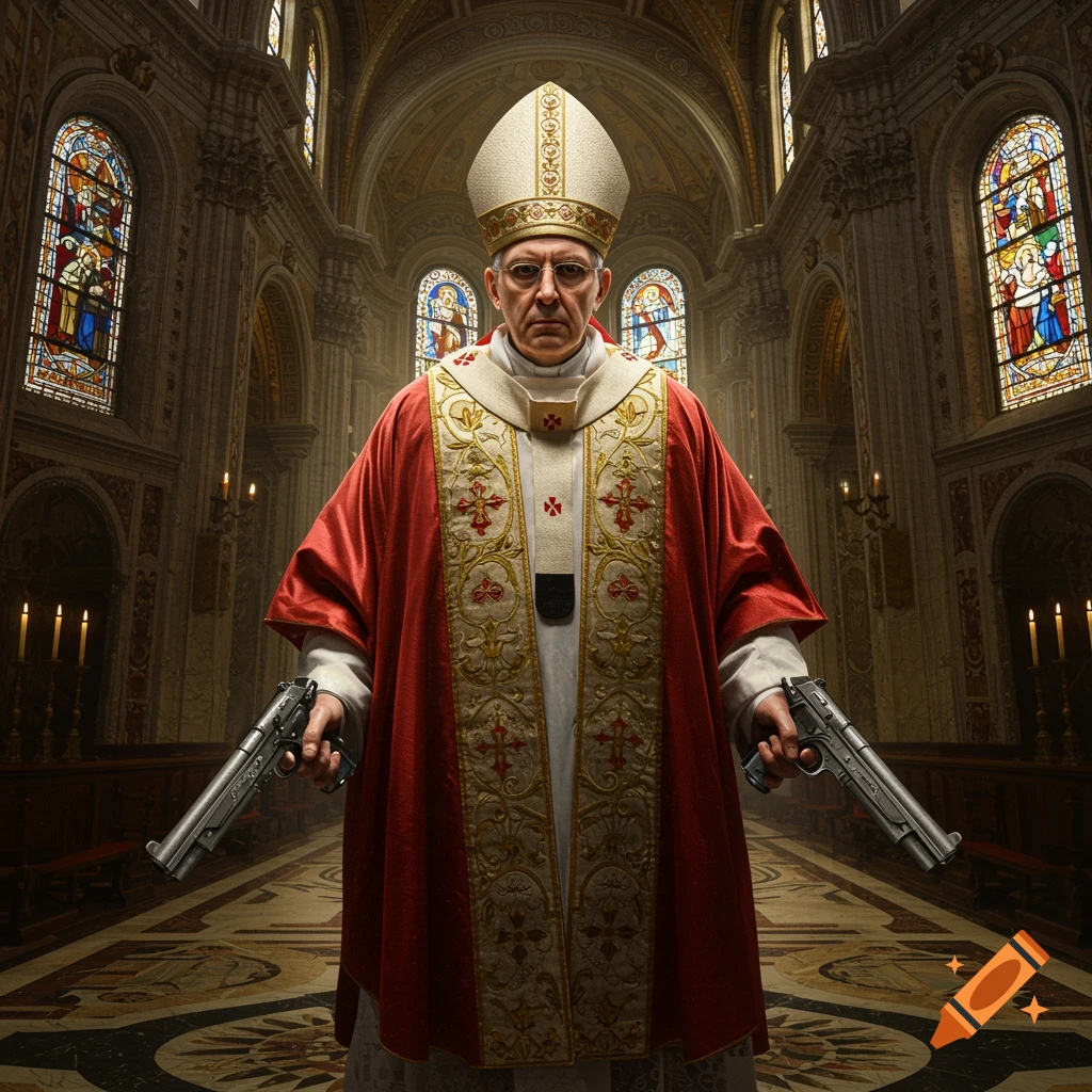 A photorealistic image of a serious Pope in red vestments, holding two pistols in a grand, ornate church.