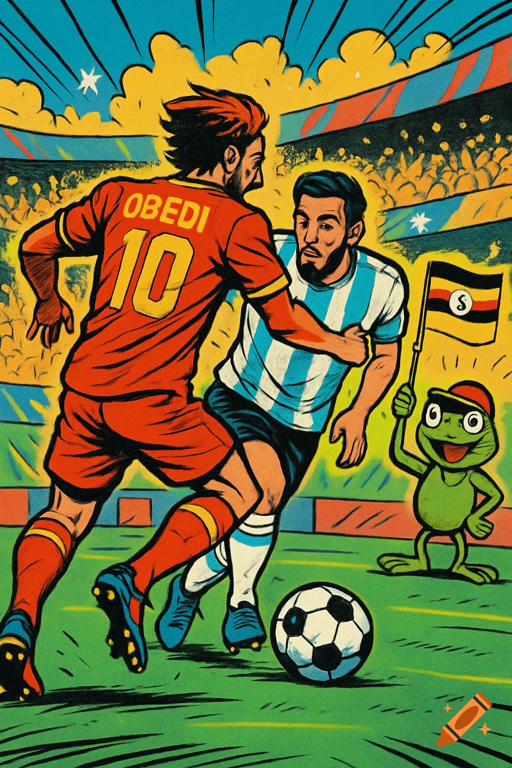 Cartoon comic style illustration of a soccer match. A player in a red jersey with 'OBEDI 10' on the back dribbles the ball past a player in a blue and white striped jersey. A small green frog mascot on the sideline holds a Uganda-colored flag.
