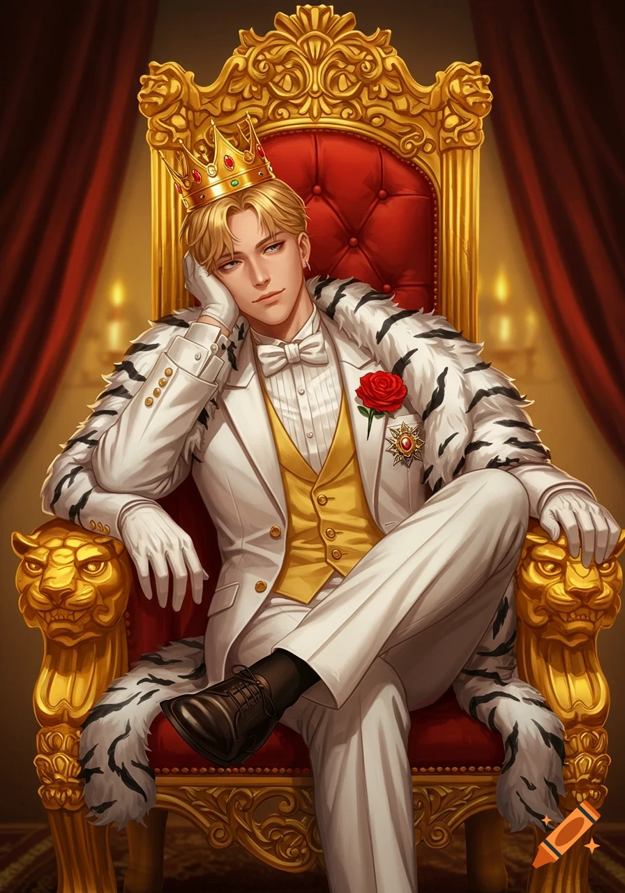 Blond anime male in a white tuxedo and tiger fur coat sitting bored on a golden throne with a crown and red rose.