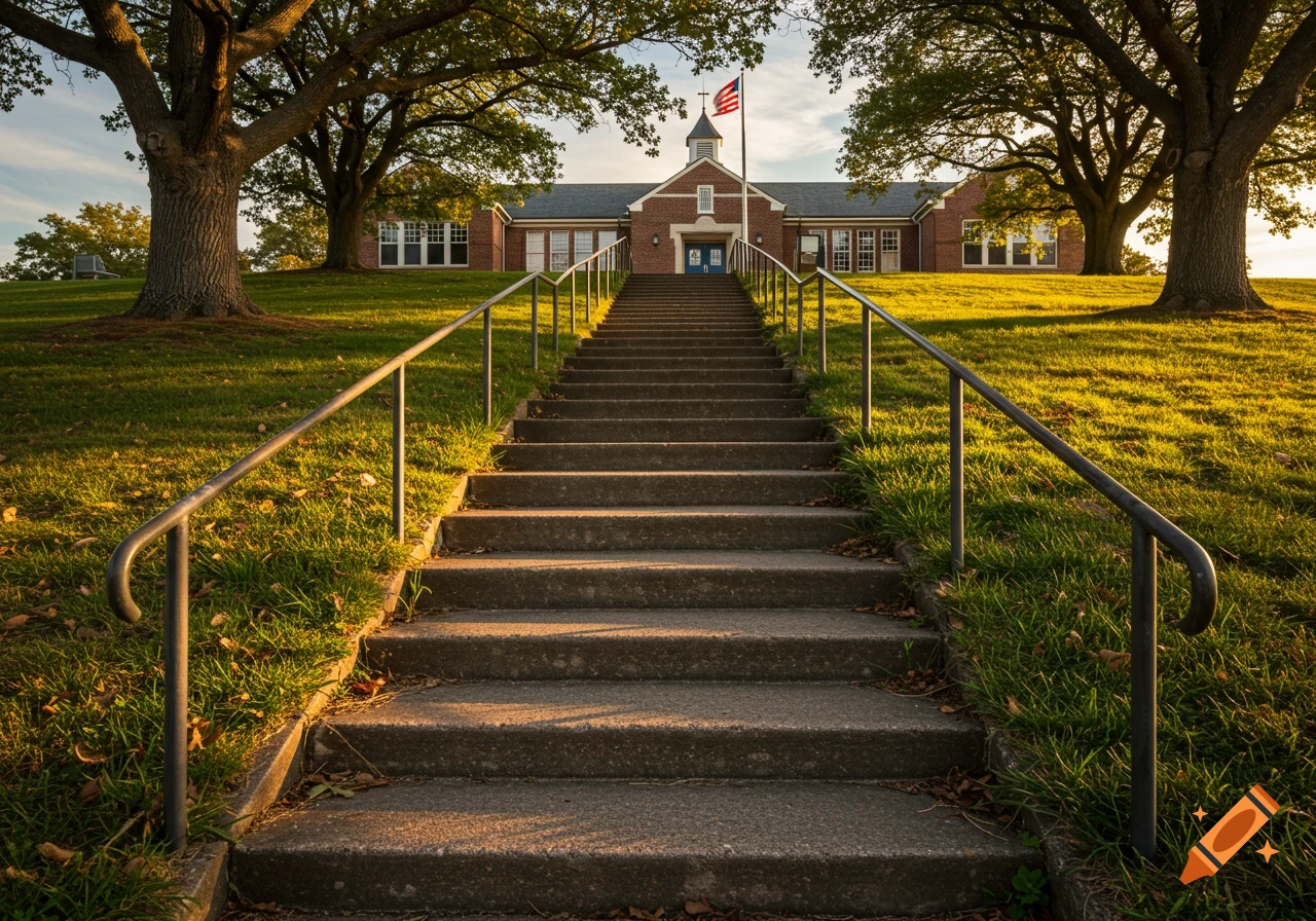 A long flight of concrete stairs ascends a grassy hill towards a brick school building with an American flag under a sunset sky.