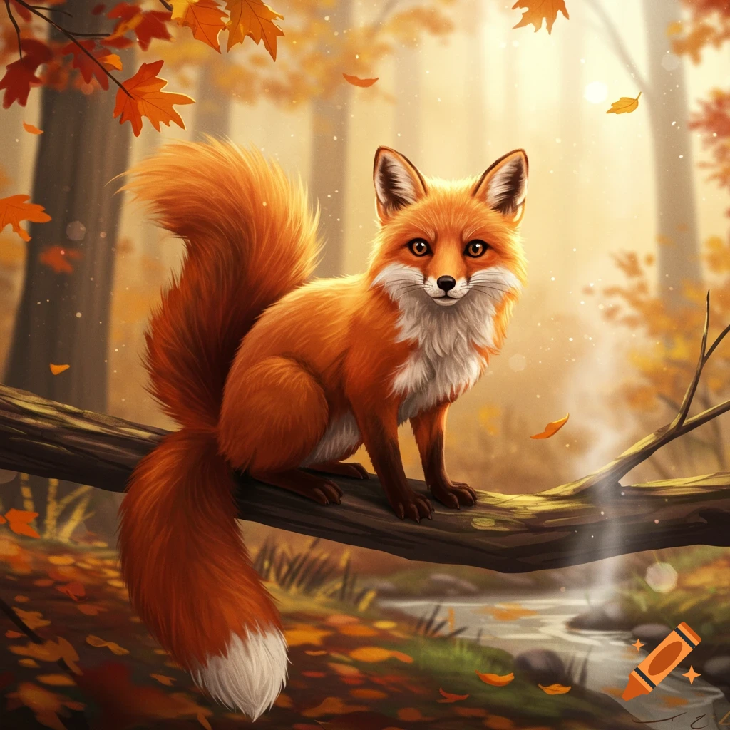 A stylized red fox with a fluffy white-tipped tail sits on a log in an autumn forest with falling leaves and a stream. Illustrated.