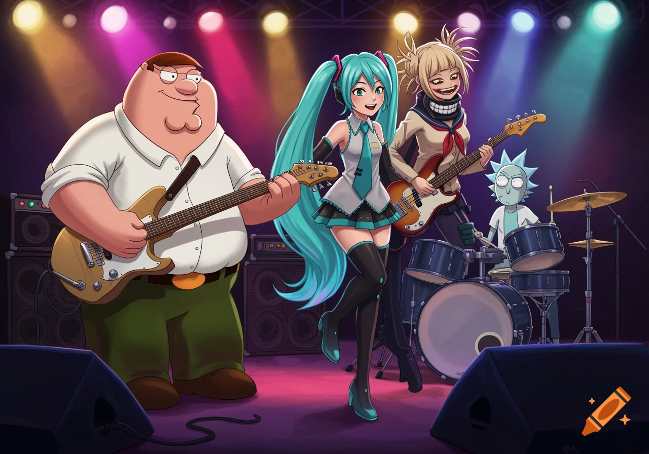 Peter Griffin, Hatsune Miku, Himiko Toga, and Rick Sanchez performing as a band on a stage with spotlights.