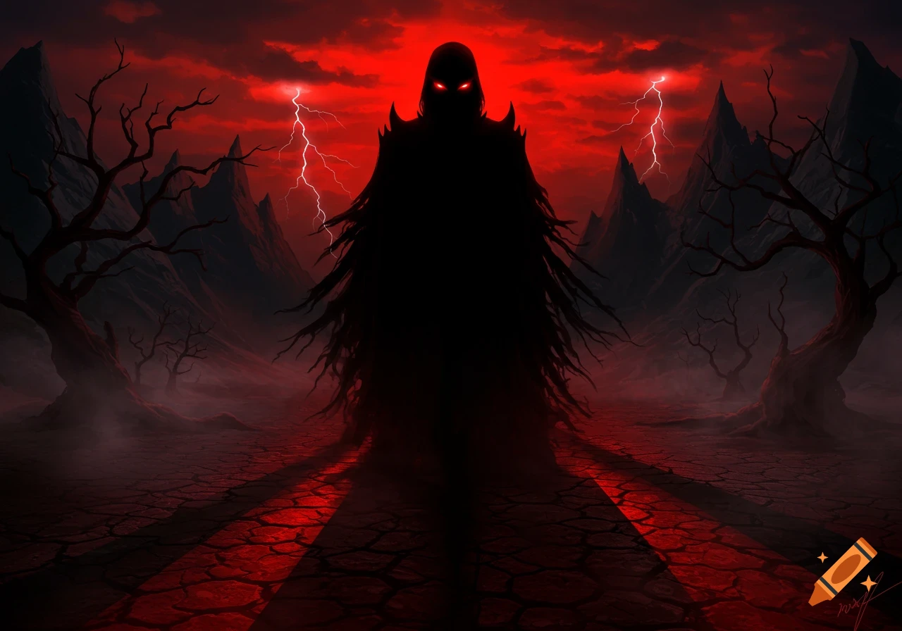 A shadowy, cloaked figure with glowing red eyes stands in a desolate landscape under a blood-red sky with lightning.