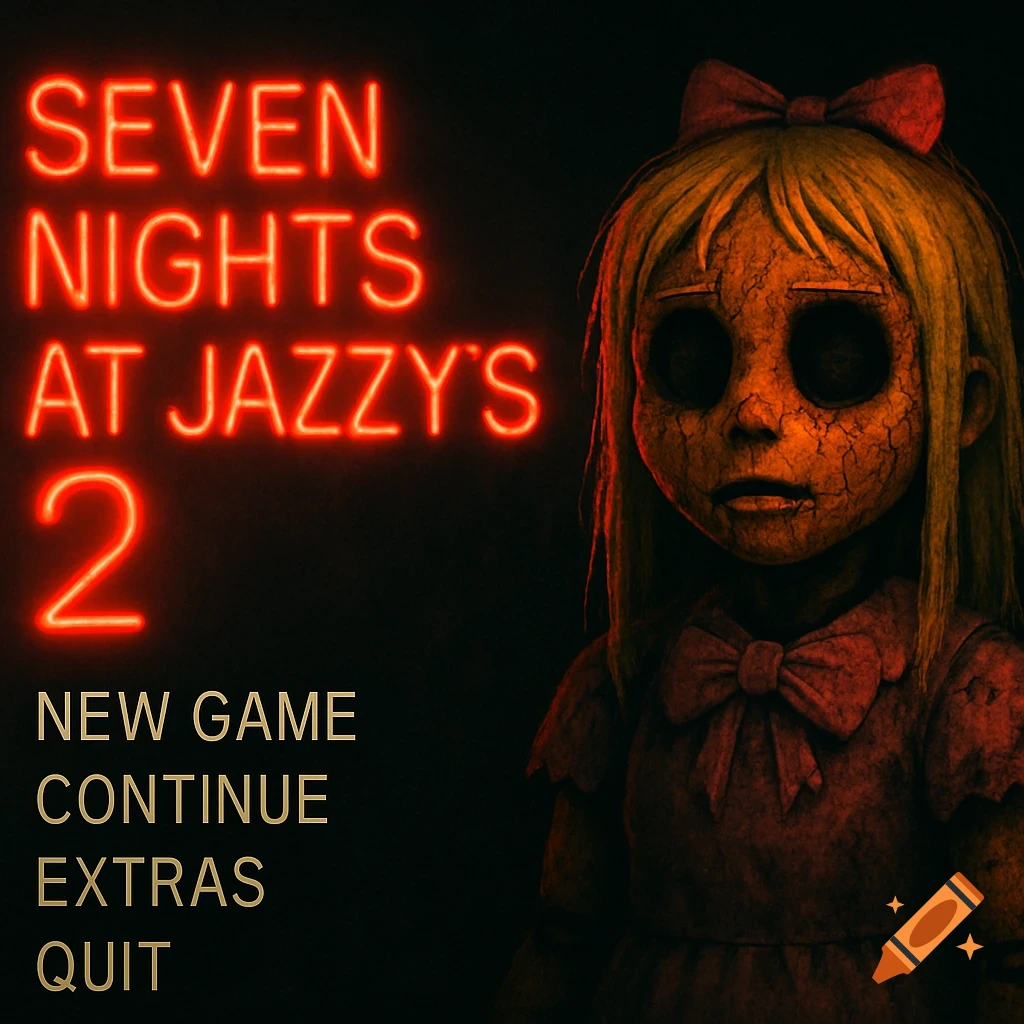A horror video game menu screen featuring a broken animatronic doll and neon red text 'SEVEN NIGHTS AT JAZZY'S 2'.