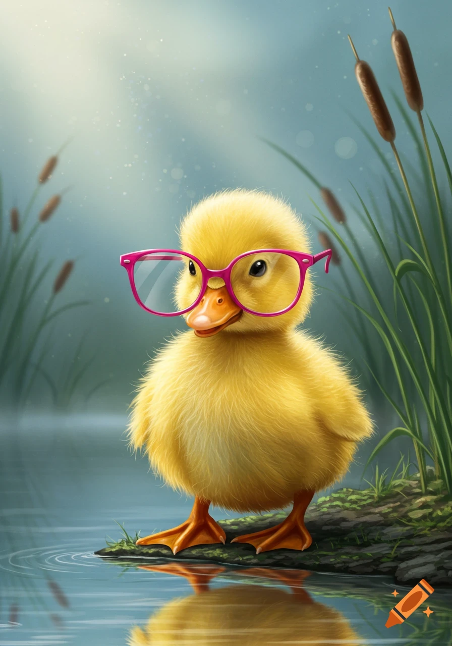 A cute fuzzy yellow duckling wearing hot pink glasses stands by a pond with cattails in a soft, illustrative style.