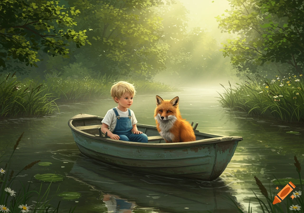 A blond boy and a fox sit in a rowboat on a misty river surrounded by lush green foliage, in a painterly style.