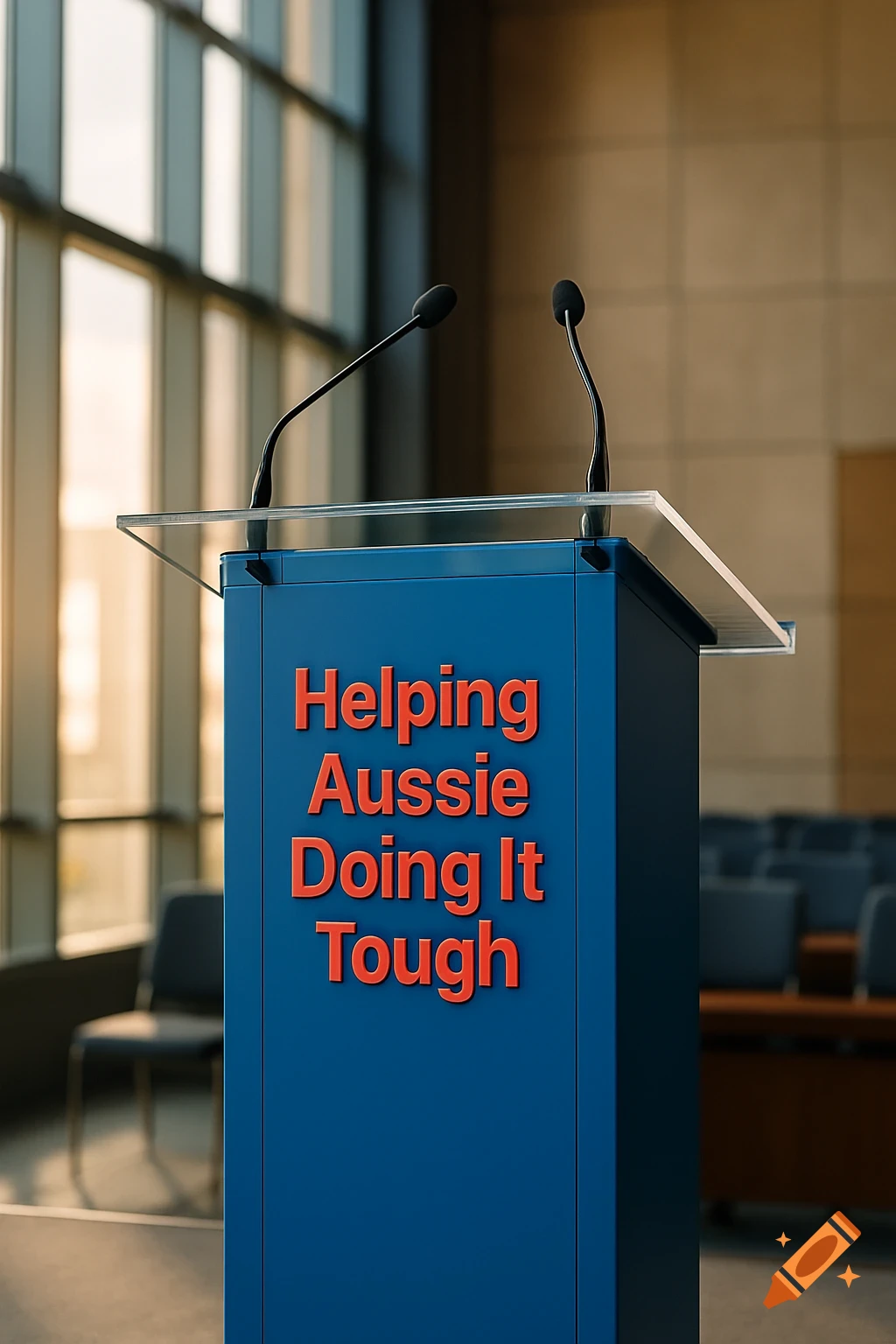 Blue lectern with a glass podium, text 'Helping Aussie Doing It Tough' in red, in a conference room with large windows.